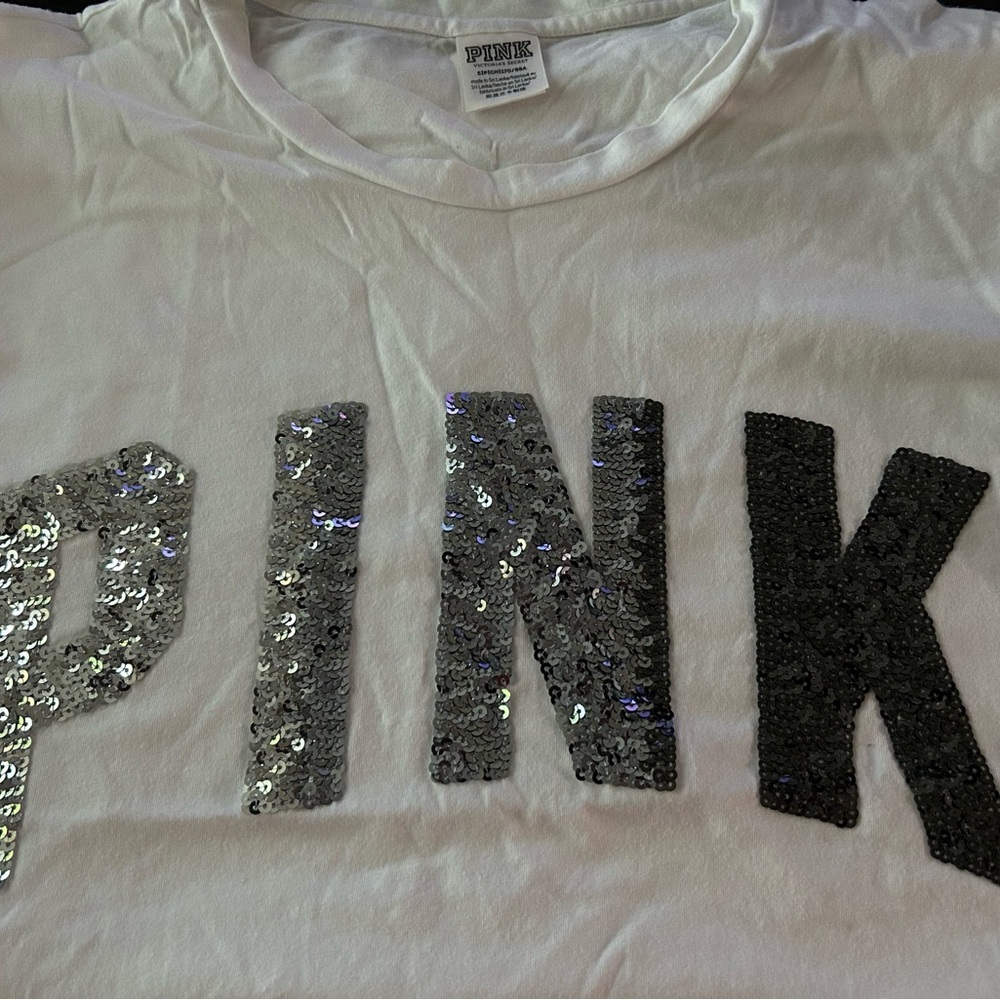 PINK Victoria's Secret White Tee with Sequin Letters